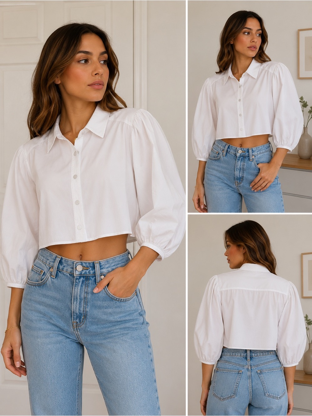 Zara White Cropped Button-Up Shirt size XL Puff sleeve clean shirt classic chic